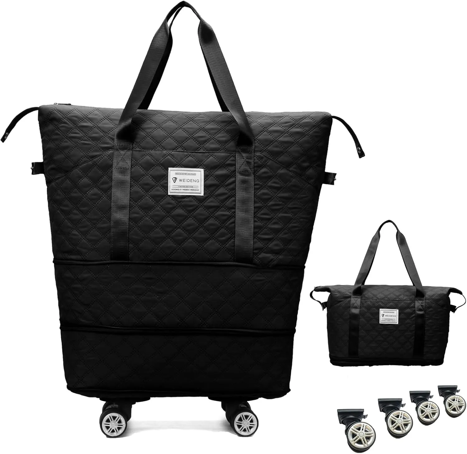 Expandable Travel Tote Bag with Detachable Wheels Rolling Duffel Bag Weekender Carry On Bags for Women 24L-44L (Black)