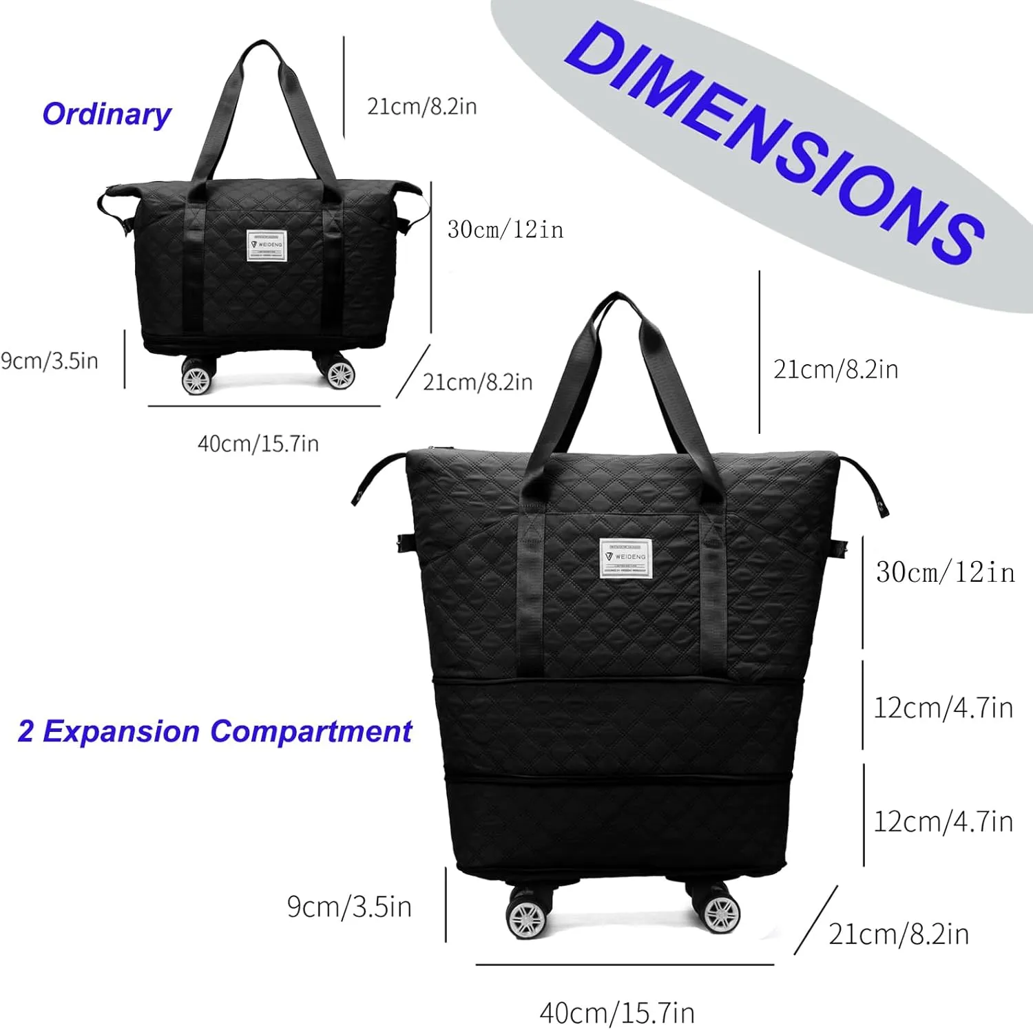 Expandable Travel Tote Bag with Detachable Wheels Rolling Duffel Bag Weekender Carry On Bags for Women 24L-44L (Black)
