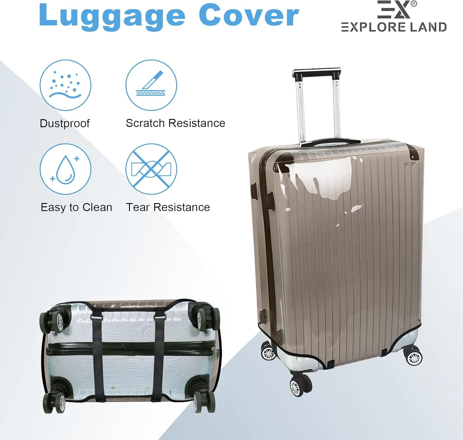 Explore Land Clear Luggage Cover Tough Protector Fits for 27-29 Inches Suitcase for Travel Airplane (PVC Dark Gray, L)