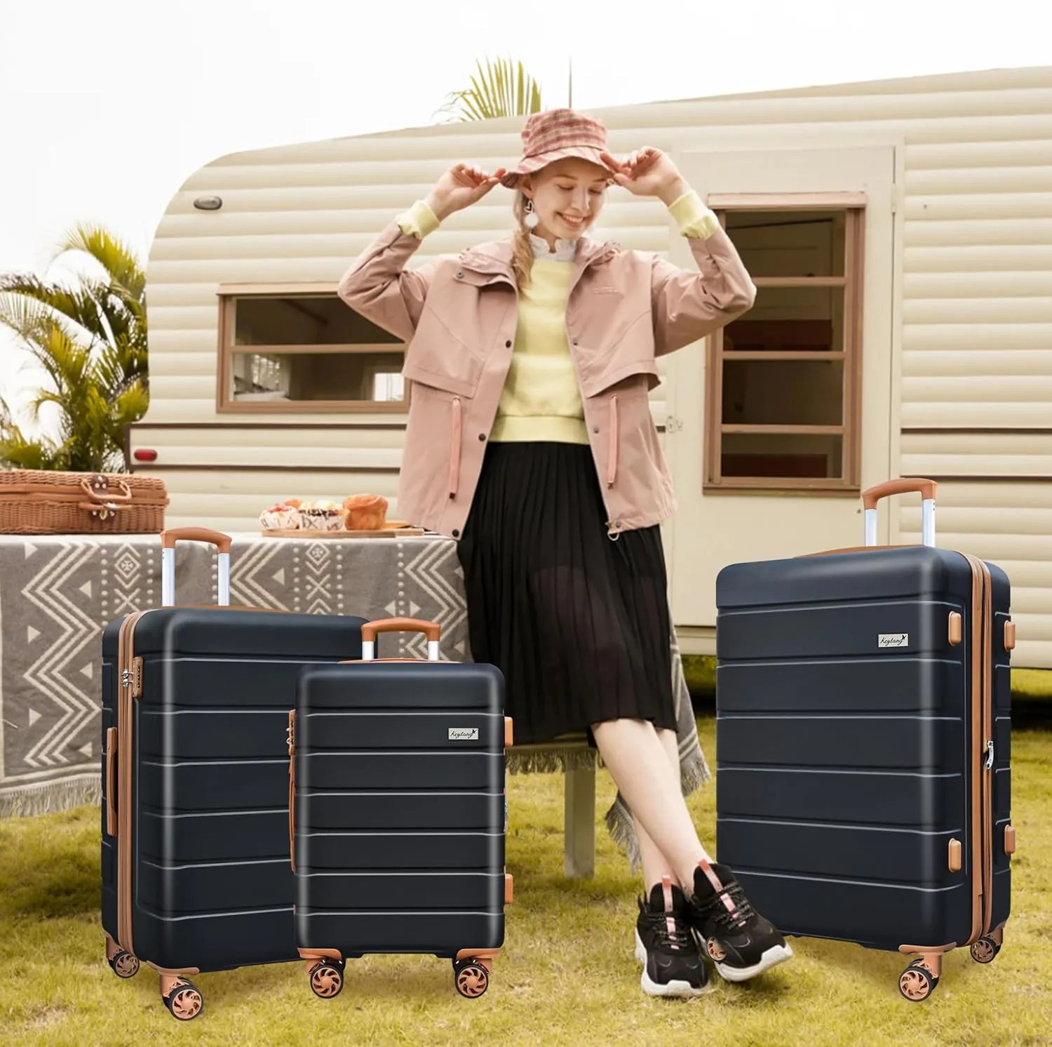Explorer Expandable Luggage Set 3 Piece, Hardside Carry on Suitcase Sets with Spinner Wheels & TSA Lock, Lightweight Luggage Case for Travel & Business, Black-Brown (20in/24in/28in)