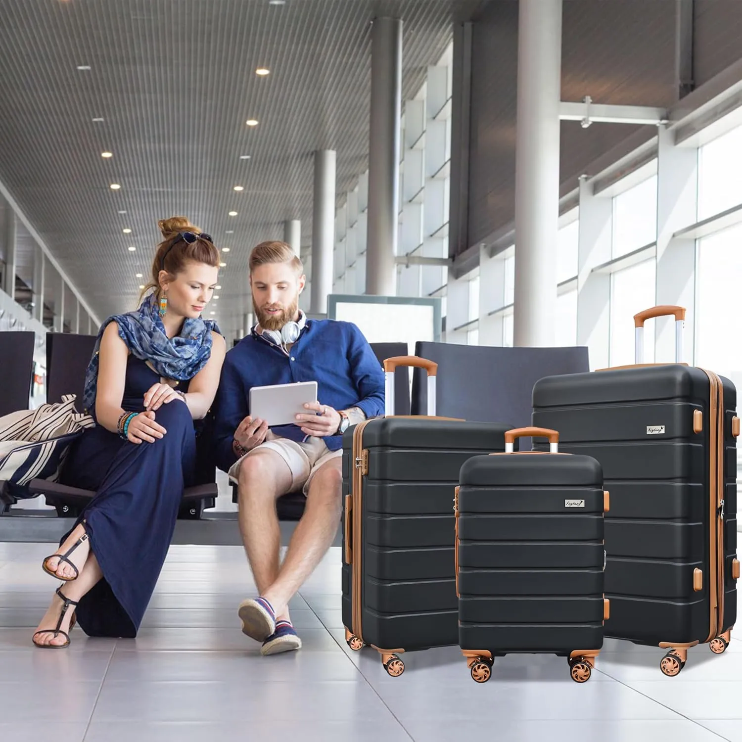 Explorer Expandable Luggage Set 3 Piece, Hardside Carry on Suitcase Sets with Spinner Wheels & TSA Lock, Lightweight Luggage Case for Travel & Business, Black-Brown (20in/24in/28in)