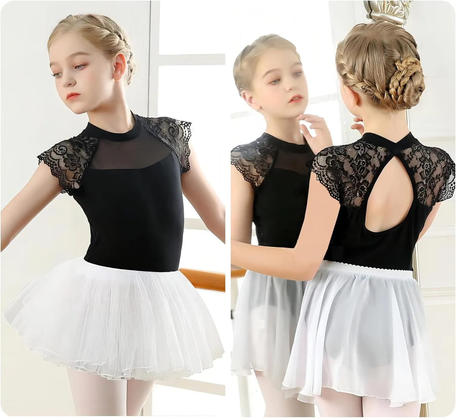 FEOYA Girls Ballet Dance Leotards Lace Short Sleeve Backless Dress with Tutu Skirt Skirted Ballerina Dancewear Bodysuit