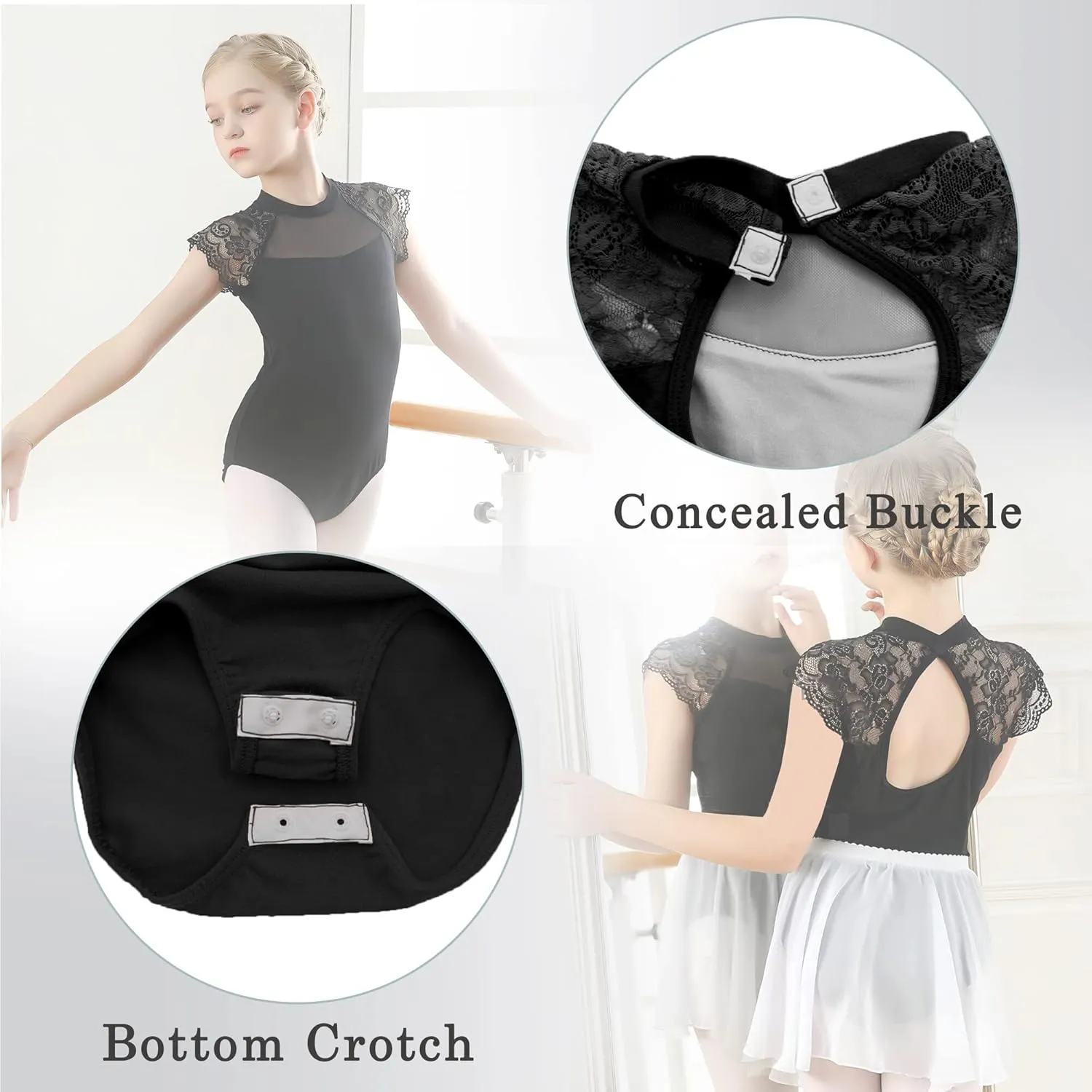 FEOYA Girls Ballet Dance Leotards Lace Short Sleeve Backless Dress with Tutu Skirt Skirted Ballerina Dancewear Bodysuit