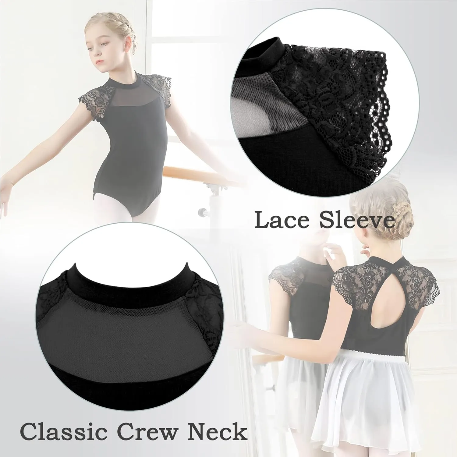 FEOYA Girls Ballet Dance Leotards Lace Short Sleeve Backless Dress with Tutu Skirt Skirted Ballerina Dancewear Bodysuit