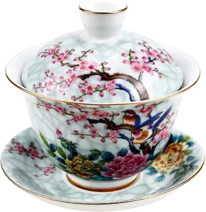 FERCAISH Chinese Ceramic Tea Cup - Traditional Enamel Set With Lid, Hand-painted Bowl and Saucer - Gaiwan for Flower Bags, Black Tea