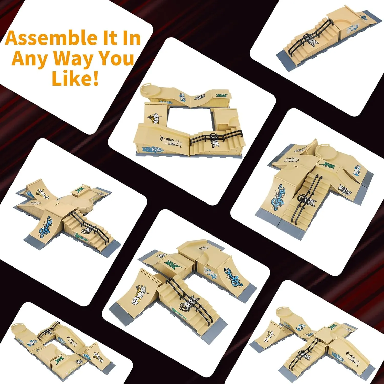 Finger Skateboard Park Ramp Set, 6 in 1 Mini Finger Skatepark for Fingerboards, Finer Skateboard Ramps Toys for Finger Dexterity Training, Skateboard