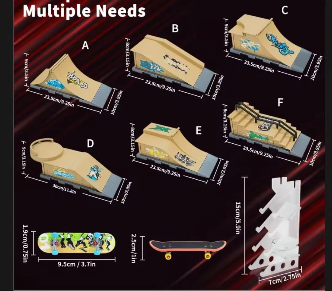 Finger Skateboard Park Ramp Set, 6 in 1 Mini Finger Skatepark for Fingerboards, Finer Skateboard Ramps Toys for Finger Dexterity Training, Skateboard