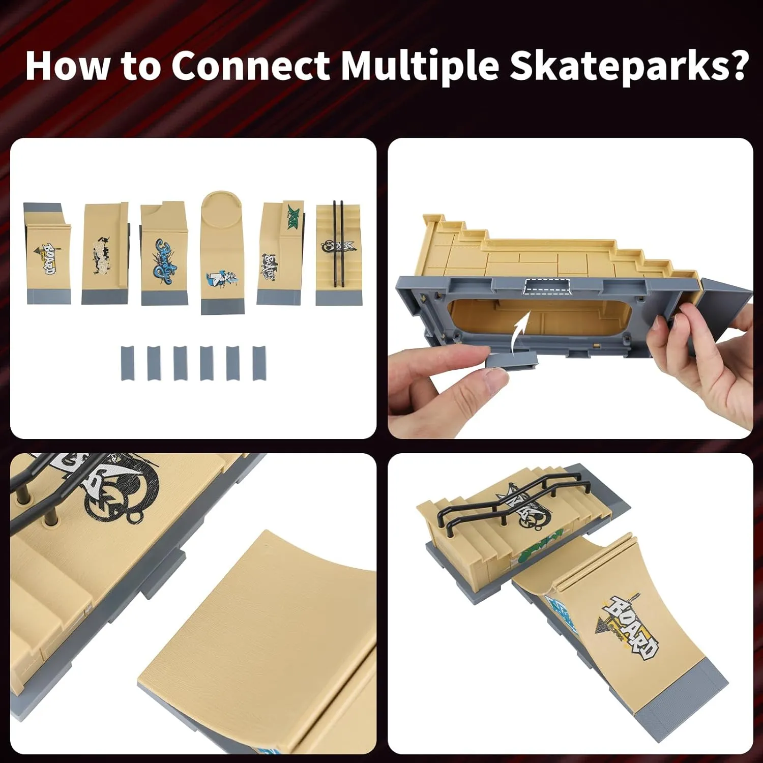 Finger Skateboard Park Ramp Set, 6 in 1 Mini Finger Skatepark for Fingerboards, Finer Skateboard Ramps Toys for Finger Dexterity Training, Skateboard