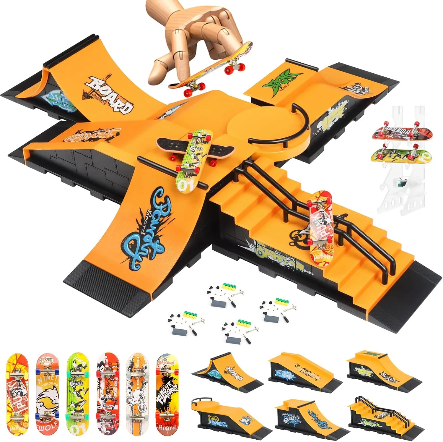 Finger Skateboard Ramps Set, 6-in-1 Bigger Fingerboard Skatepark Skate Park Kit Training Props with 6 Finger Skateboard 6 Finger Deck & Display Holder Finger Skate Toys for Kids & Adults Gifts