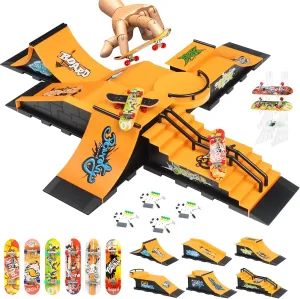 Finger Skateboard Ramps Set, 6-in-1 Bigger Fingerboard Skatepark Skate Park Kit Training Props with 6 Finger Skateboard 6 Finger Deck & Display Holder Finger Skate Toys for Kids & Adults Gifts