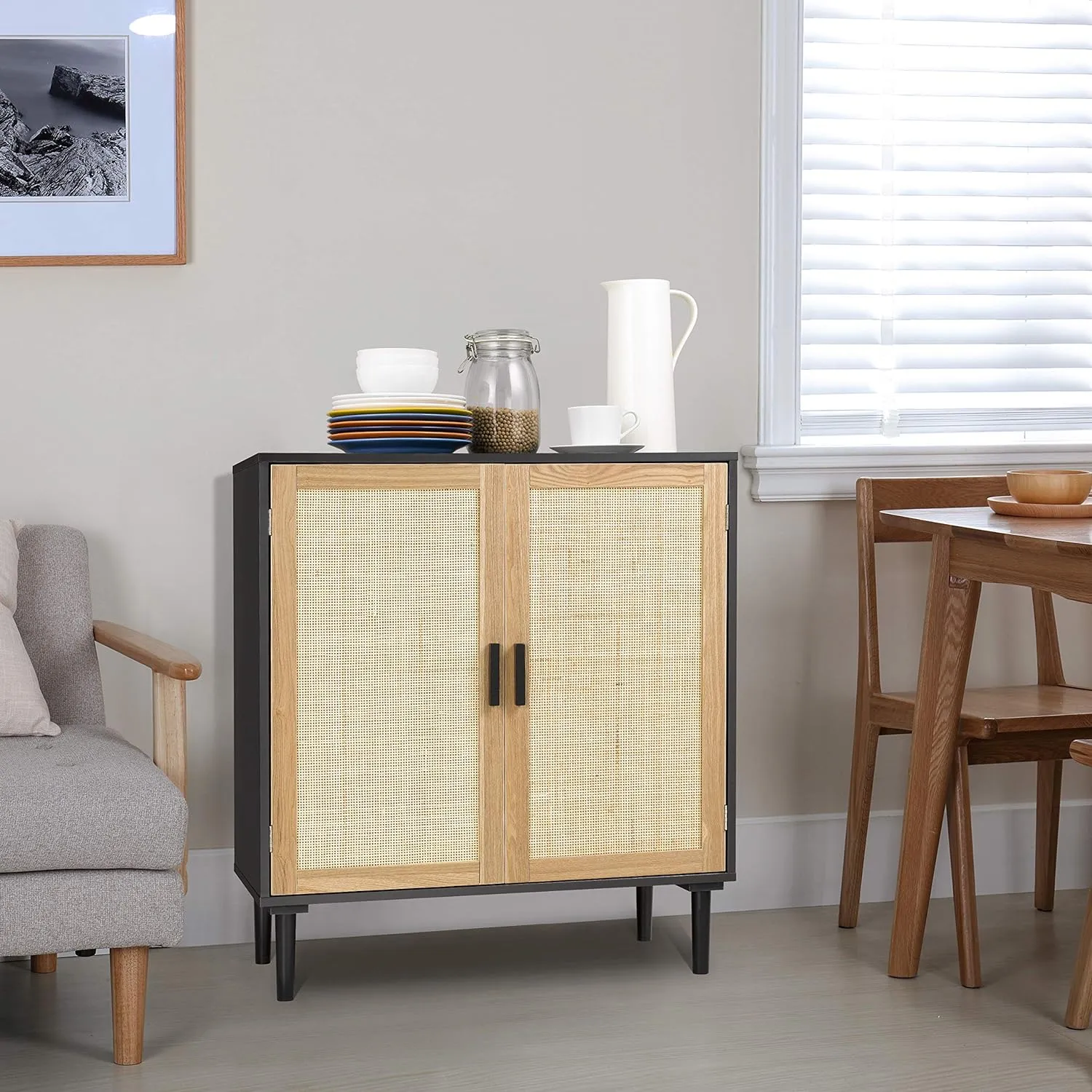 Finnhomy Sideboard Buffet Cabinet, Kitchen Storage Sideboard with Rattan Decorated Doors, Liquor Buffet for Bar, Dining Room, Hallway, Cupboard Console Table, Accent Cabinet, 31.5X 15.8X 34.6 Inches