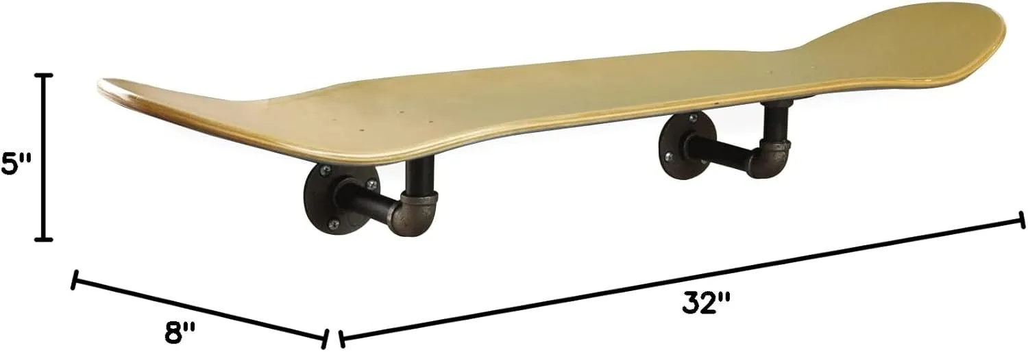 Floating Industrial Style Skateboard Deck Shelf with Pipe Mounting System – Custom Made Indoor Skate Shelving - Maple Wall Mount - 7.75" Stained Blue Bottom