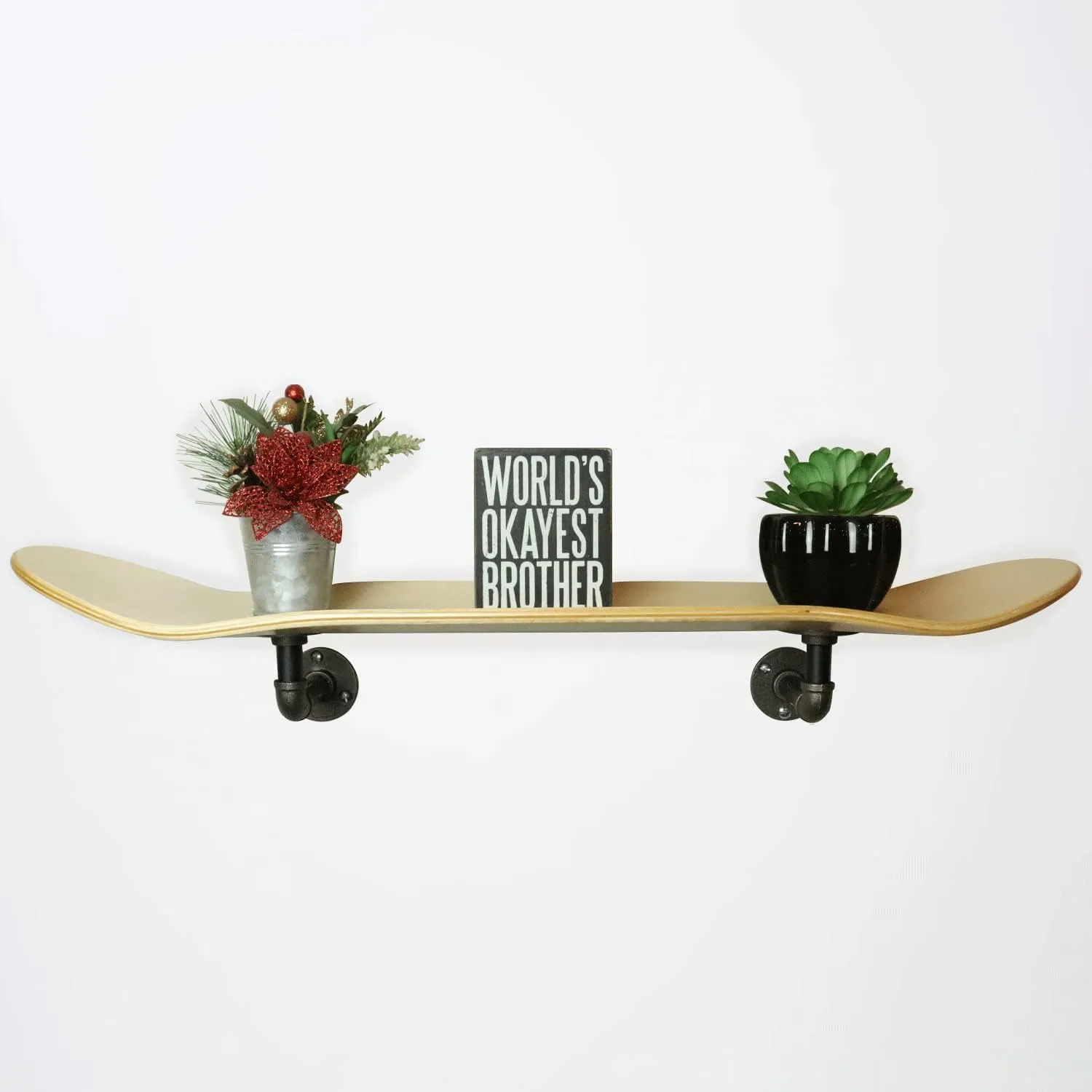 Floating Industrial Style Skateboard Deck Shelf with Pipe Mounting System – Custom Made Indoor Skate Shelving - Maple Wall Mount - 7.75" Stained Blue Bottom