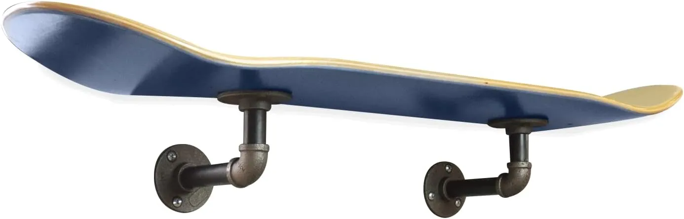Floating Industrial Style Skateboard Deck Shelf with Pipe Mounting System – Custom Made Indoor Skate Shelving - Maple Wall Mount - 7.75" Stained Blue Bottom