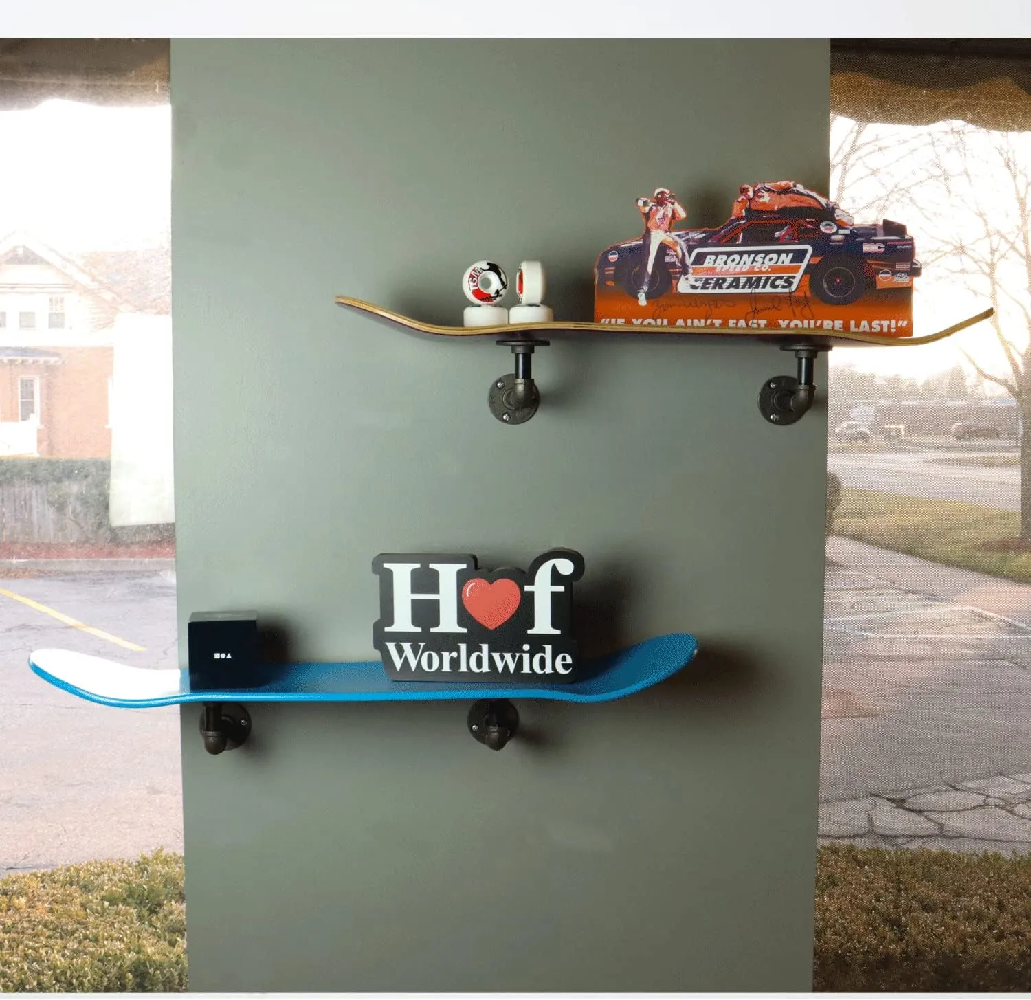 Floating Industrial Style Skateboard Deck Shelf with Pipe Mounting System – Custom Made Indoor Skate Shelving - Maple Wall Mount - 7.75" Stained Blue Bottom