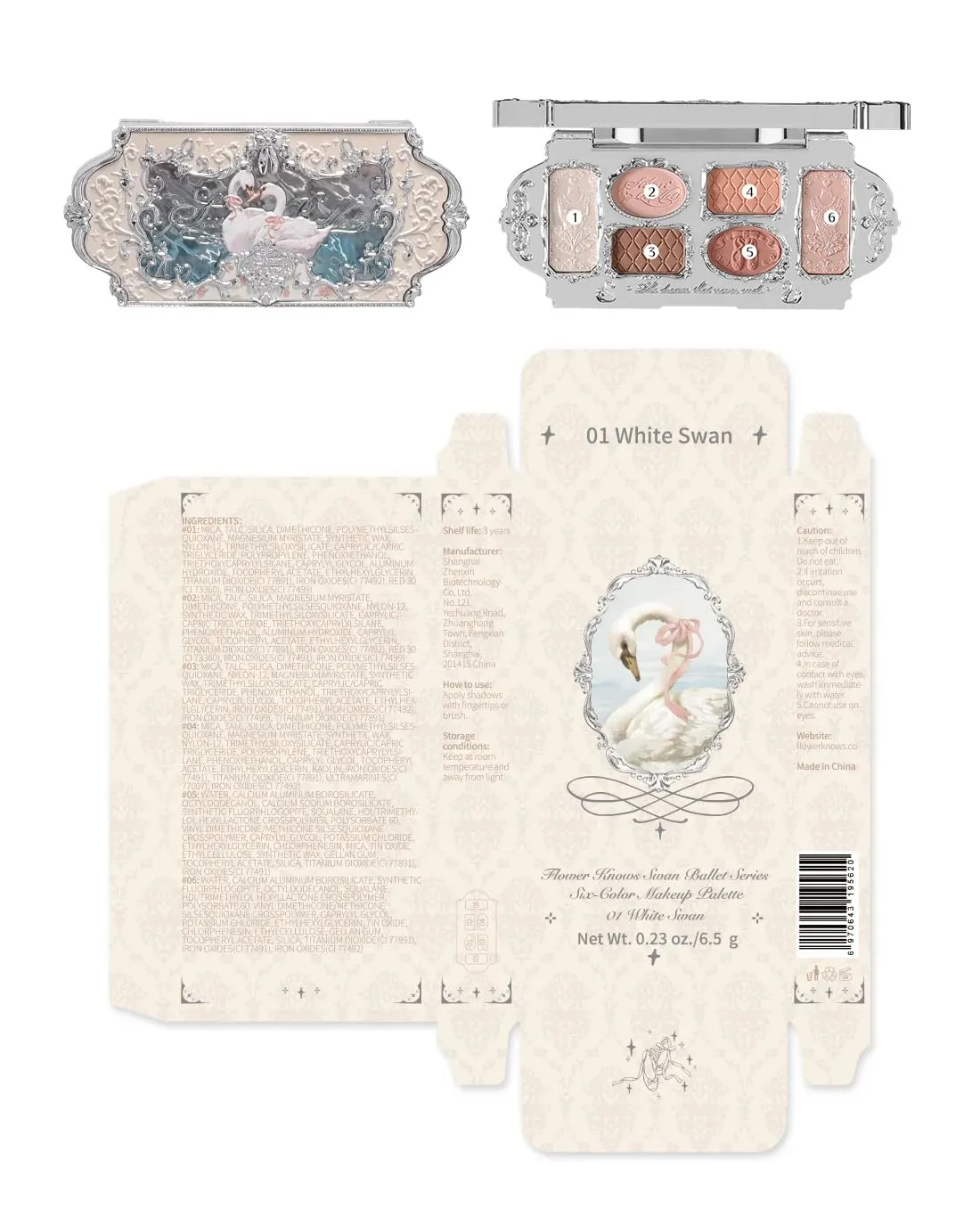 Flower Knows Swan Ballet Six-Color Makeup Palette,Eyeshadow,Blush,Highlighting & Contour All-in-One Face Makeup Palette with 4 Matte 2 Shimmer Neutral Shades(01 White Swan,0.23 Oz)