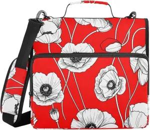 Flower Sketch Red 3 Ring Zipper Binder with Shoulder Strap Portfolio Binder Case for School Office Supplies Storage
