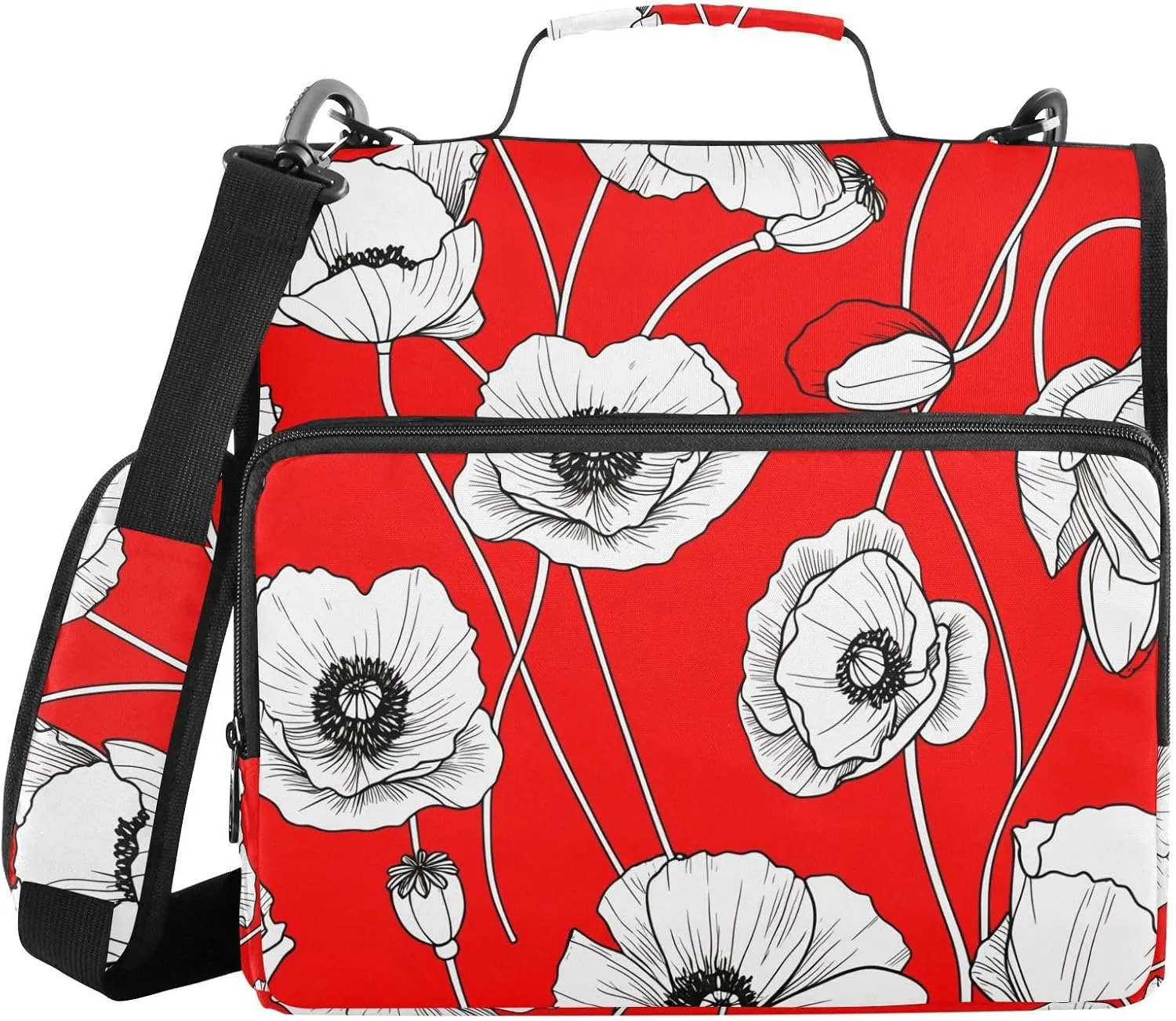 Flower Sketch Red 3 Ring Zipper Binder with Shoulder Strap Portfolio Binder Case for School Office Supplies Storage