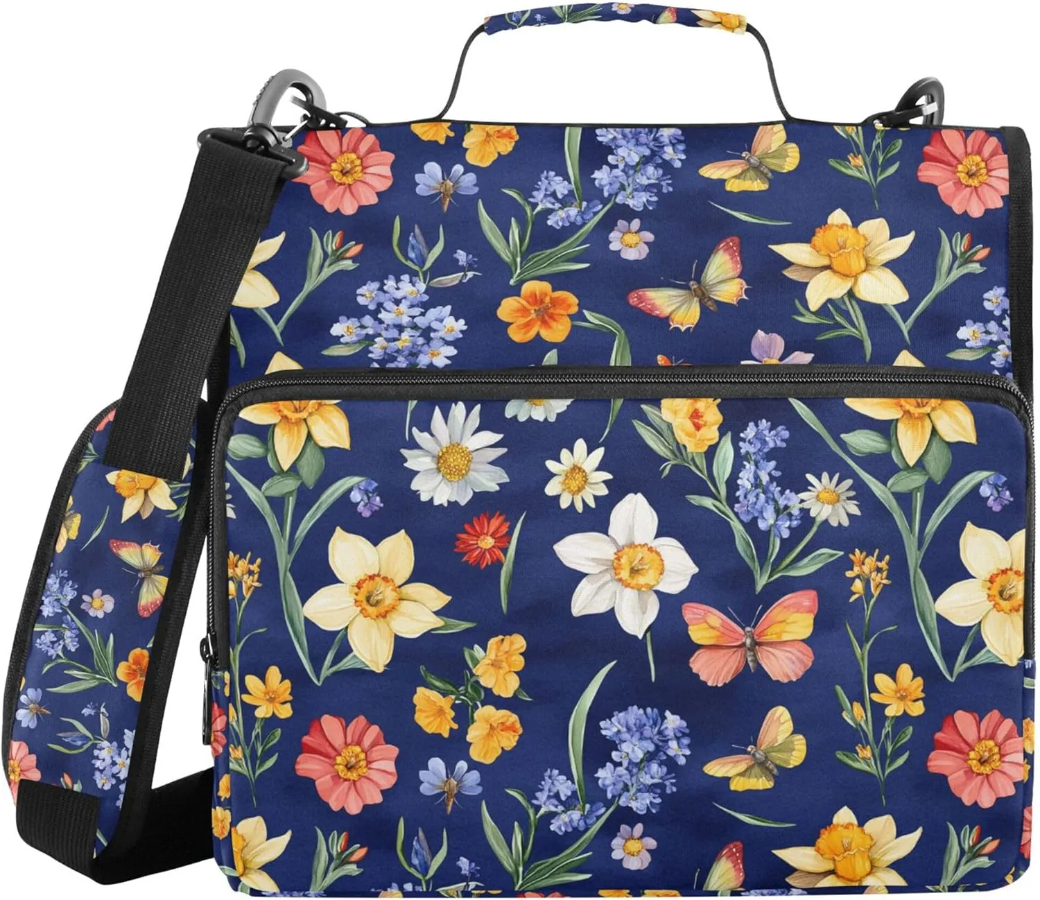 Flowers Daffodils Butterflies Royal Blue Office Binder Organizer with Shoulder Strap Easy to Carry 1.5 Inch 3 Rings Pencil Bags Portfolio Binder Stationery Supplies