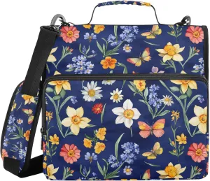 Flowers Daffodils Butterflies Royal Blue Office Binder Organizer with Shoulder Strap Easy to Carry 1.5 Inch 3 Rings Pencil Bags Portfolio Binder Stationery Supplies