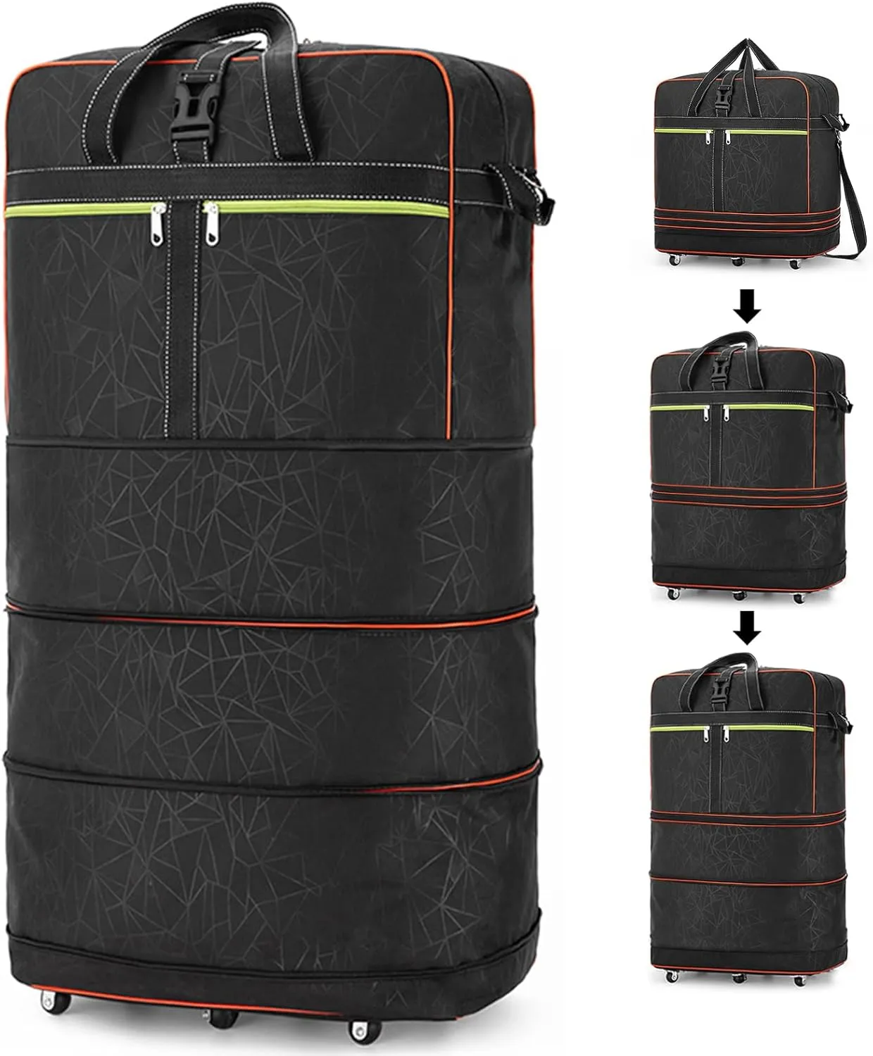 Foldable Duffel Bag,Large Expandable Rolling Travel Duffle Bag with Wheels Waterproof Collapsible Luggage Carry on Duffel Bag with Wheels and Handle-Black