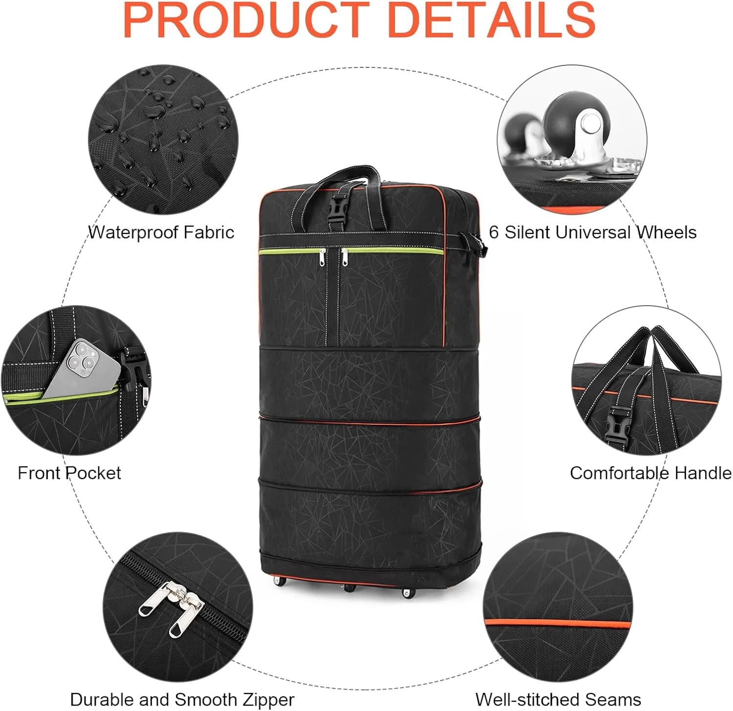Foldable Duffel Bag,Large Expandable Rolling Travel Duffle Bag with Wheels Waterproof Collapsible Luggage Carry on Duffel Bag with Wheels and Handle-Black