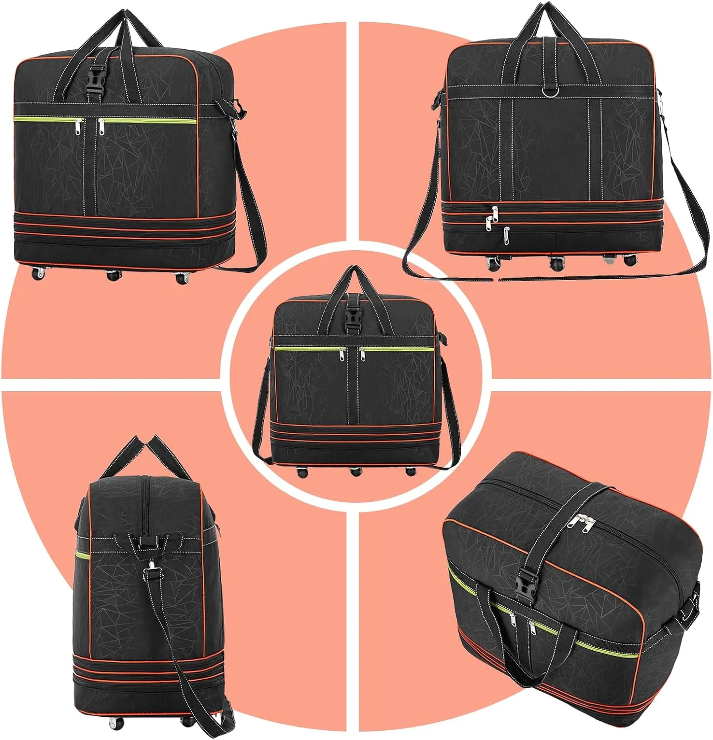 Foldable Duffel Bag,Large Expandable Rolling Travel Duffle Bag with Wheels Waterproof Collapsible Luggage Carry on Duffel Bag with Wheels and Handle-Black