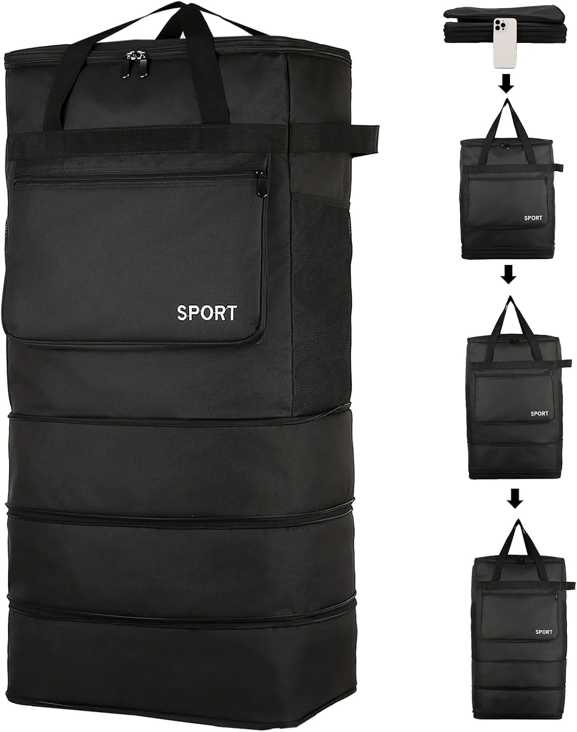 Foldable Duffel Bag,Large Expandable Travel Duffle Bag Waterproof Collapsible Luggage Carry on Duffel Bag with Handle-Black