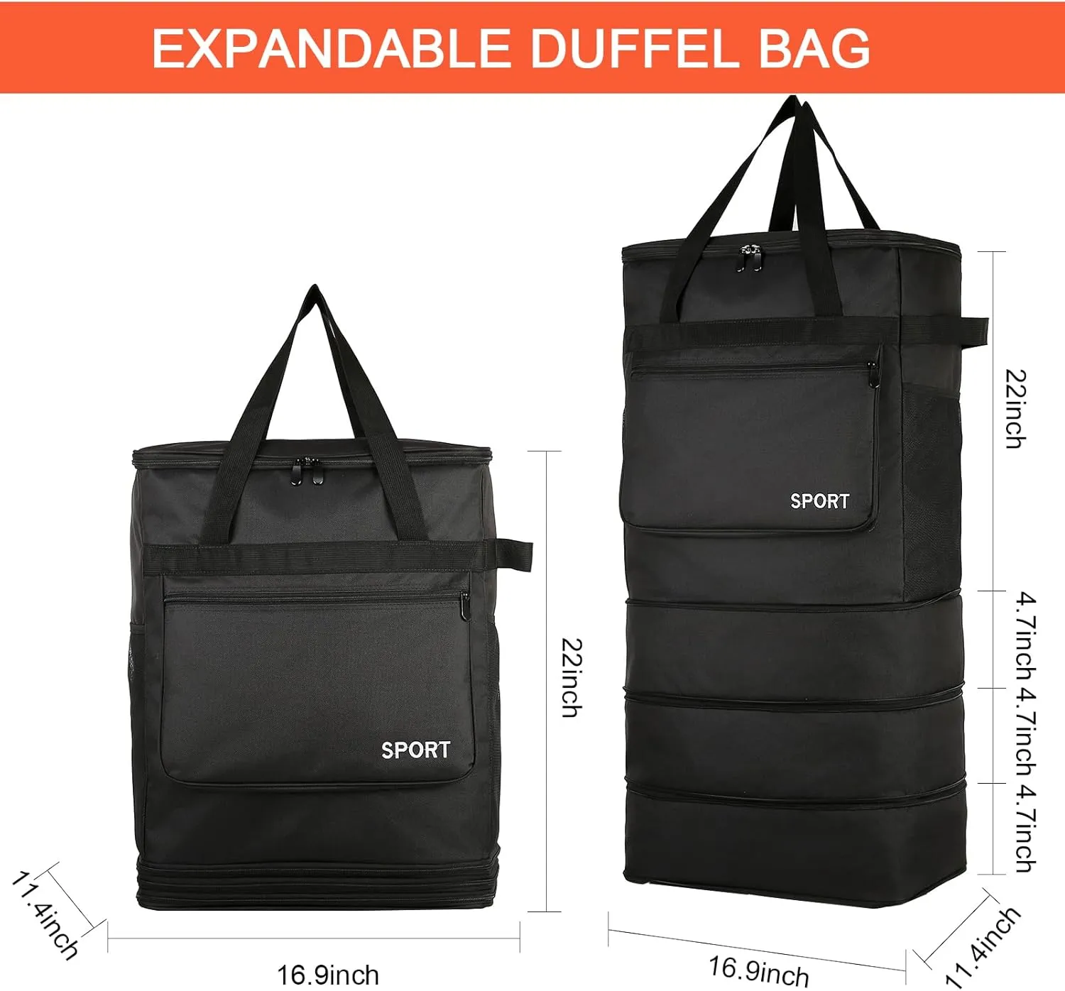 Foldable Duffel Bag,Large Expandable Travel Duffle Bag Waterproof Collapsible Luggage Carry on Duffel Bag with Handle-Black