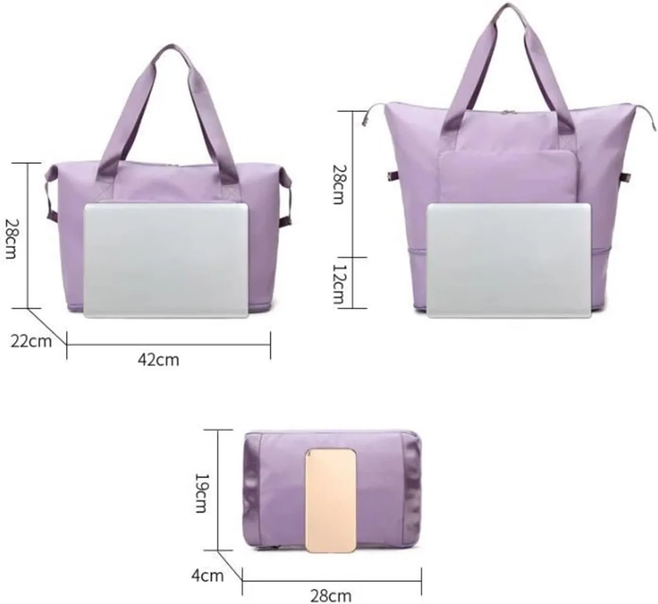Foldable Large Capacity Storage Folding Bags Travel Bags Handy Luggage Handbags Women's Gym Bags (Color : Light purple, Size : 42x28x22cm)