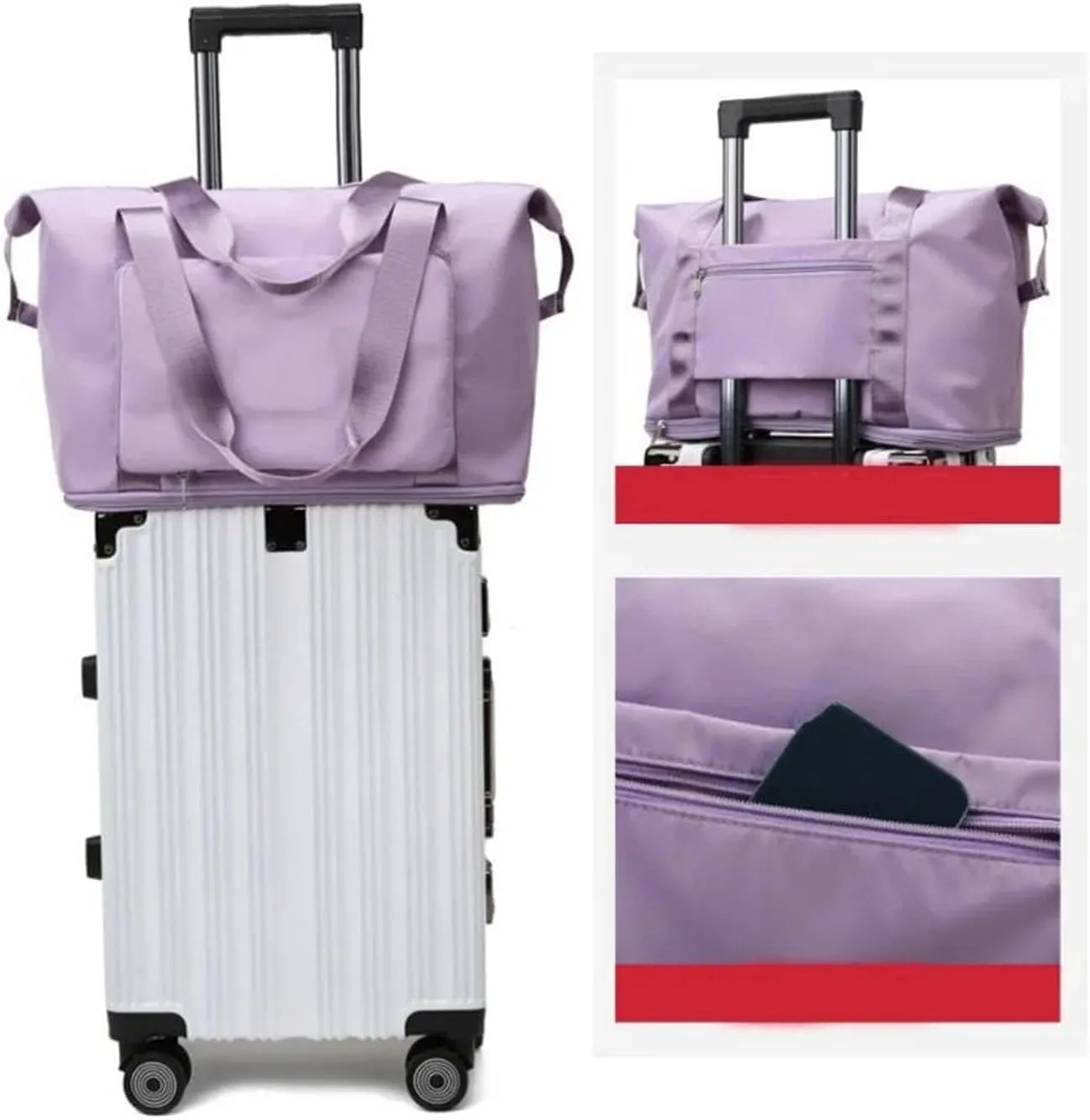 Foldable Large Capacity Storage Folding Bags Travel Bags Handy Luggage Handbags Women's Gym Bags (Color : Light purple, Size : 42x28x22cm)