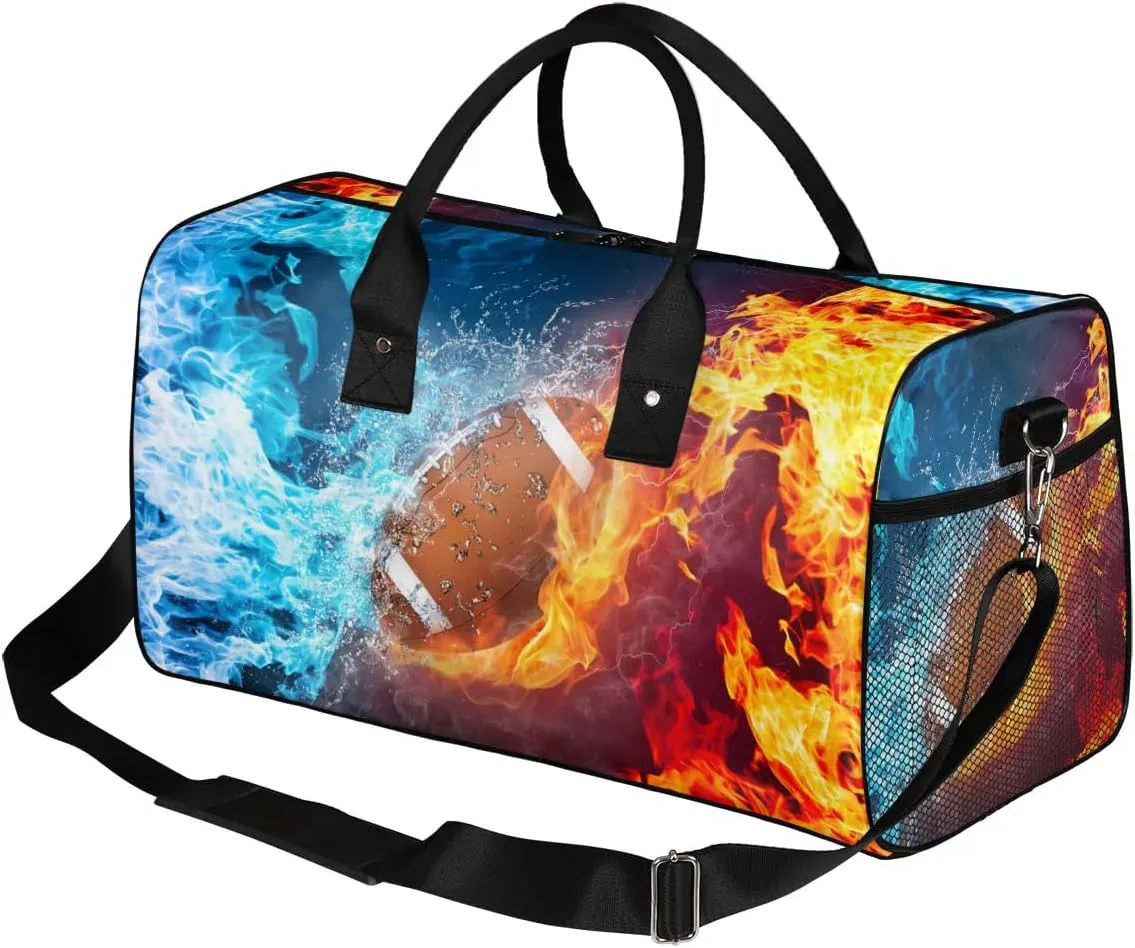 Football Small Gym Bags for Men Women Cool Football Water Fire Lightweight Workout Sport Duffle Bag Carry On Overnight Weekender Tote Athletic Travel Duffel Bags