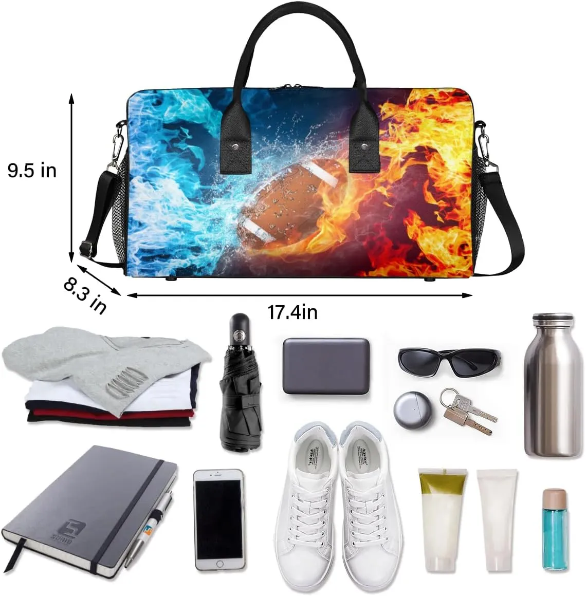 Football Small Gym Bags for Men Women Cool Football Water Fire Lightweight Workout Sport Duffle Bag Carry On Overnight Weekender Tote Athletic Travel Duffel Bags