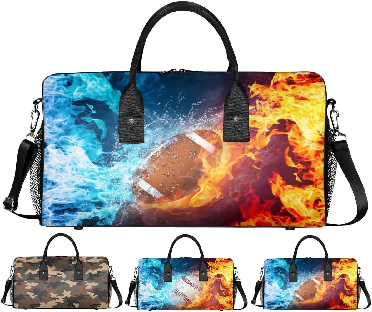 Football Small Gym Bags for Men Women Cool Football Water Fire Lightweight Workout Sport Duffle Bag Carry On Overnight Weekender Tote Athletic Travel Duffel Bags