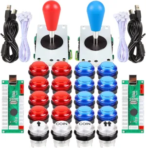 Fosiya LED Arcade Joystick Buttons Kit Ellipse Oval Style 8 Ways Joystick   20 x LED Arcade Buttons for 2 Player Video Games Standard Controllers All Windows PC MAME Raspberry Pi Red   Blue Kits