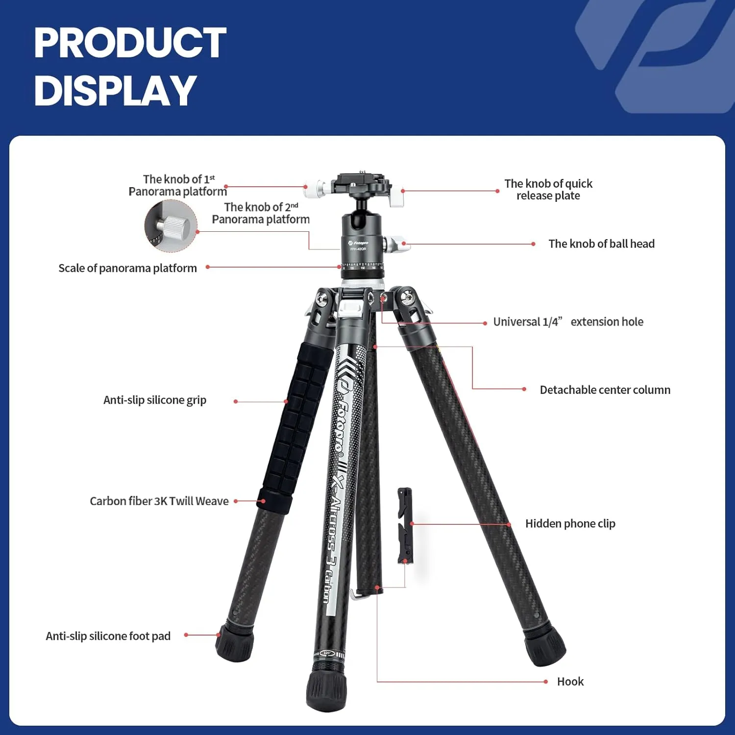 Fotopro Carbon Fiber Tripod for Camera 2lbs Ultralight 62 Inch Travel Camera Tripod Max Loads Up 22lbs X-Aircross 3 Grey