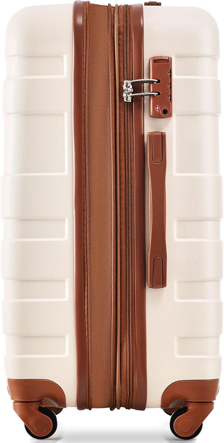 FridayParts 3 Piece Expandable ABS Luggage Suitcase Set with 360° Spinner Wheels, Lvory and Brown