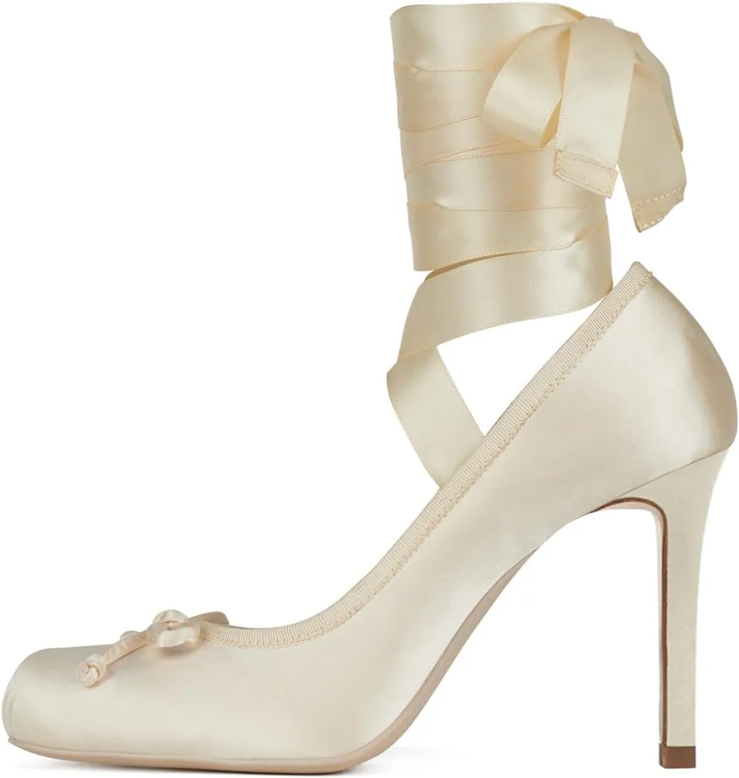 FSJ Women Square Toe Bow Tie Satin Ballet High Heel Sexy Lace-up Stiletto Pumps Elegant Mary Janes Party Shoes Size 4-16 US