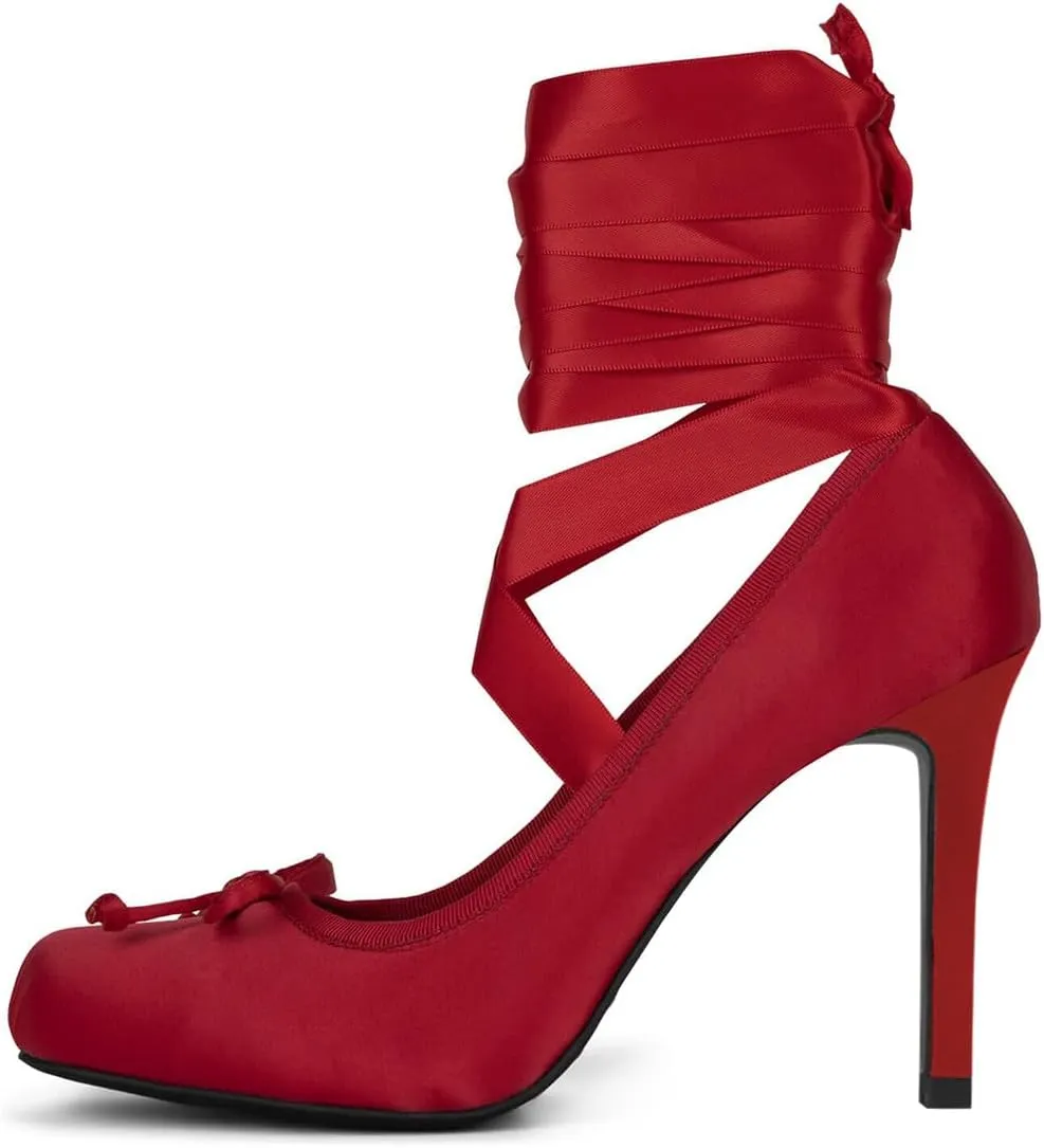 FSJ Women Square Toe Bow Tie Satin Ballet High Heel Sexy Lace-up Stiletto Pumps Elegant Mary Janes Party Shoes Size 4-16 US