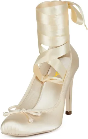 FSJ Women Square Toe Bow Tie Satin Ballet High Heel Sexy Lace-up Stiletto Pumps Elegant Mary Janes Party Shoes Size 4-16 US