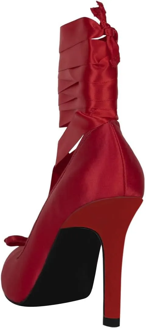 FSJ Women Square Toe Bow Tie Satin Ballet High Heel Sexy Lace-up Stiletto Pumps Elegant Mary Janes Party Shoes Size 4-16 US