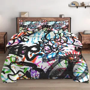 Full Size Comforter Set with 2 Pillowcases, Music Abstract Graffiti 3 Pcs Bedding for Kids and Adults, Urban Skateboard Soft Comforter Set for Bedroom Bed Decor