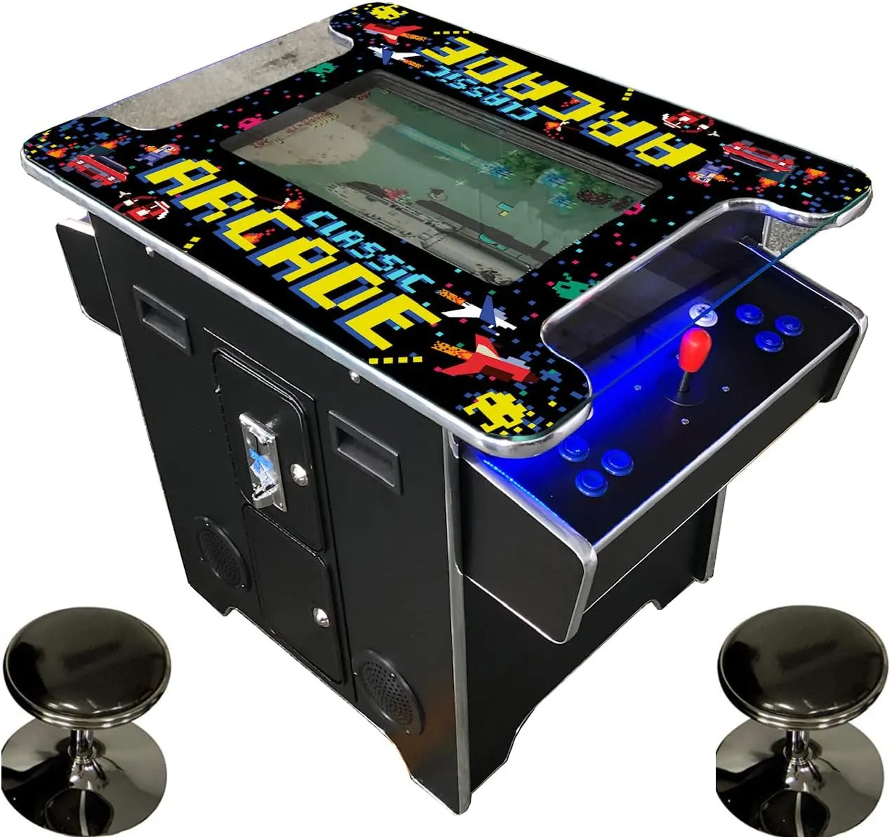 Full Size Commercial Grade Cocktail Arcade Machine 2 Player Retro 60 Games 22" LCD Screen Tempered Glass 2 Stools Included 5 Year Warranty Black