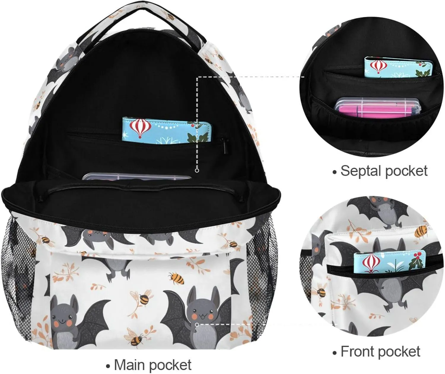 Fun Backpack for Men and Women Waterproof Backpack with Chest Strap Gift Men & Women Cartoon Cute Bats White