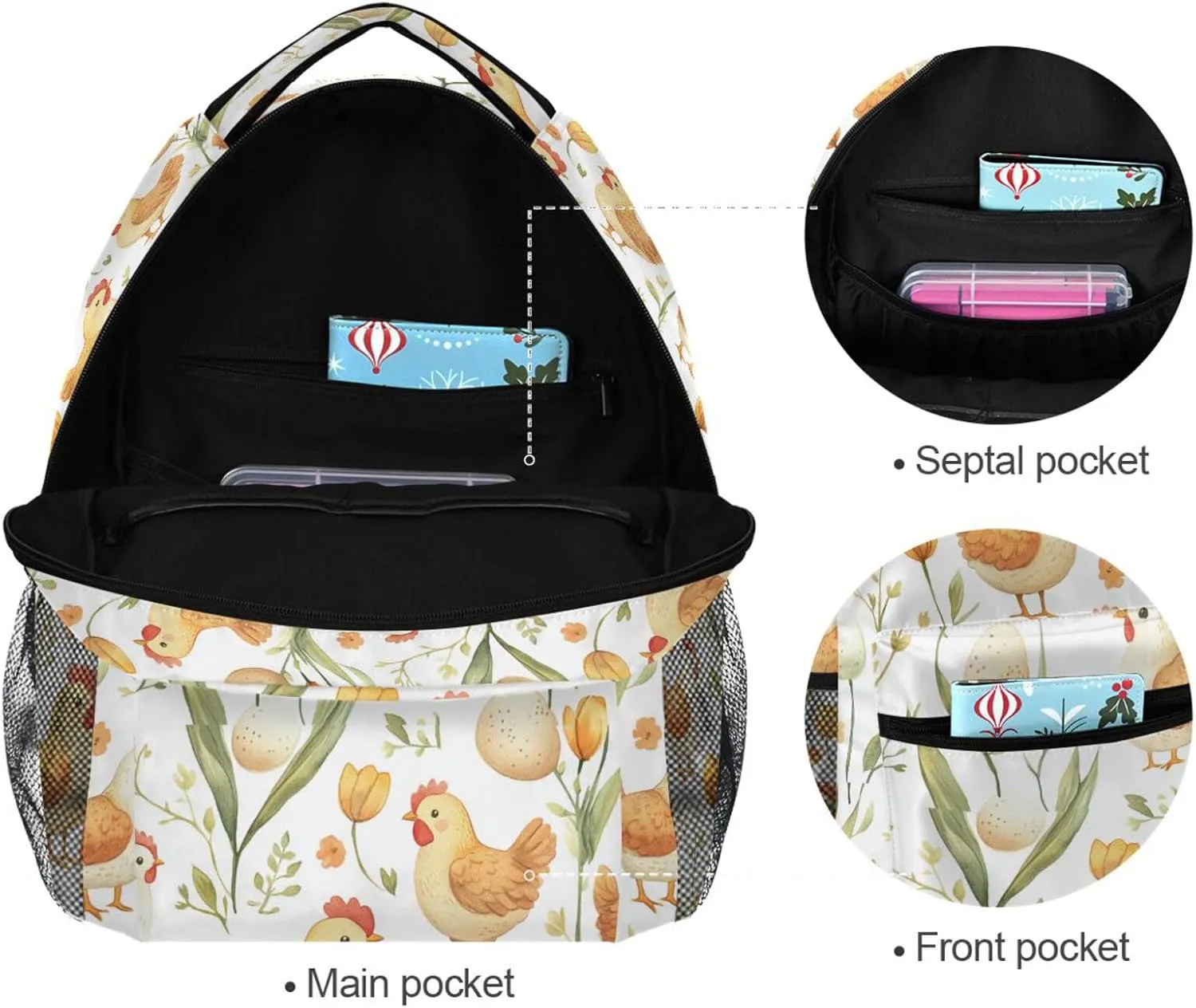 Fun Backpack for Women Men Waterproof Diaper Bag Backpack with Chest Strap for College Work Flower Chicken Egg Cartoon