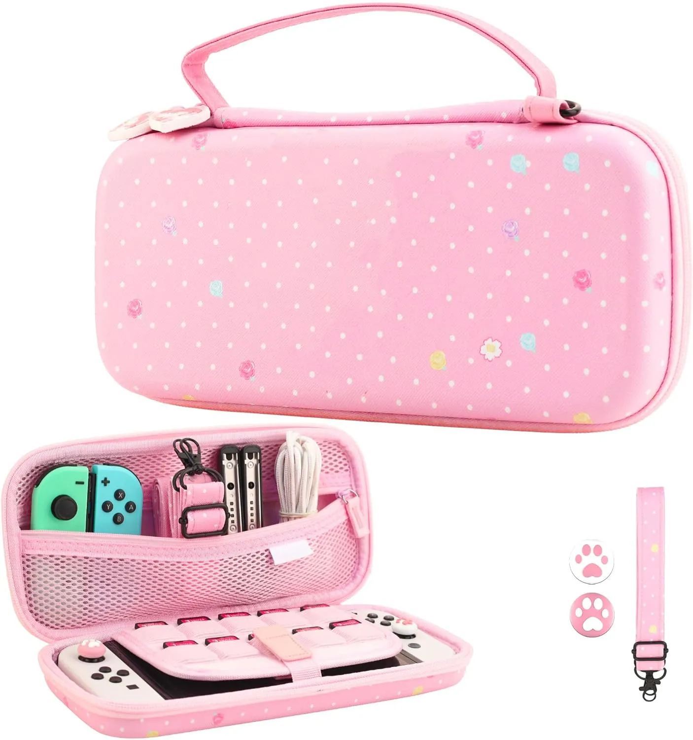 FUNDIARY Cute Bunny Carrying Case for Nintendo Switch and Switch OLED, Pink Portable Travel Case Built-in 10 Game Card Slots for Switch Console Joycon & Accessories with Shoulder Strap and 2 Thumb Cap