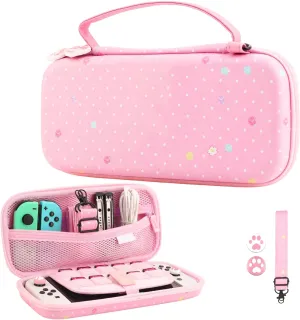 FUNDIARY Cute Bunny Carrying Case for Nintendo Switch and Switch OLED, Pink Portable Travel Case Built-in 10 Game Card Slots for Switch Console Joycon & Accessories with Shoulder Strap and 2 Thumb Cap