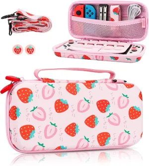 FUNDIARY Pink Strawberry Travel Carrying Case for Nintendo Switch and Switch OLED, Shockproof Accessories Bundle for Switch Console Joycon with Slim Portable Storage Bag, Shoulder Strap & 2 Thumb Caps