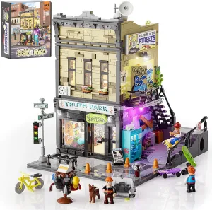 FUNWHOLE Skate Shop Lighting Building Bricks Set - Street Fusion City Town Store Collection LED Light Modular Building Kit 1573 Pcs for Adults & Teens & Street Culture Lovers