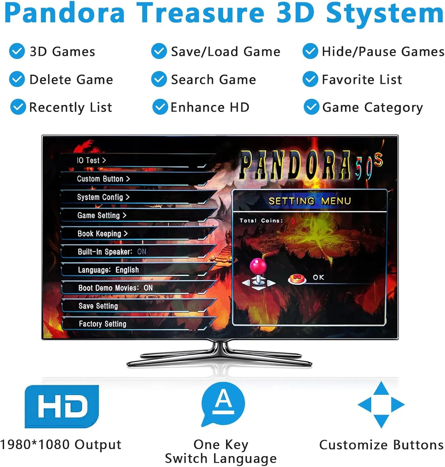 FVBADE [30000 Games in 1 70S Pandora Box Arcade Game Console Compatible PC & Projector & TV,3D Games 1-4 Players Double Joystick Favorite List Game Category Save/Search/Hide/Pause/Delete Games.